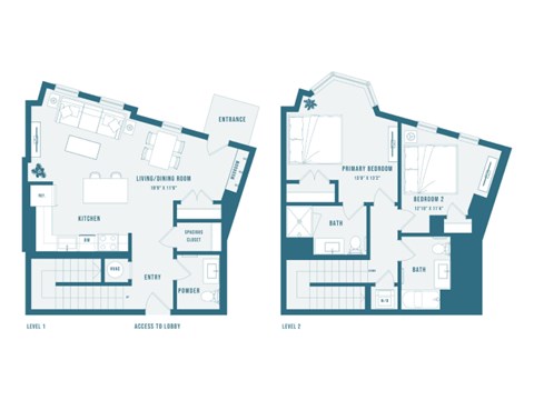 Floor plan for 2 beds, 2.5 baths, 1301 sqft